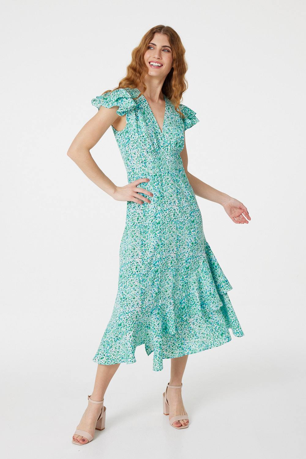 Green | Floral V-Neck Frilled Midi Dress