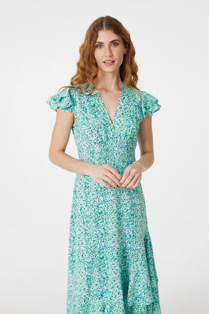 Green | Floral V-Neck Frilled Midi Dress