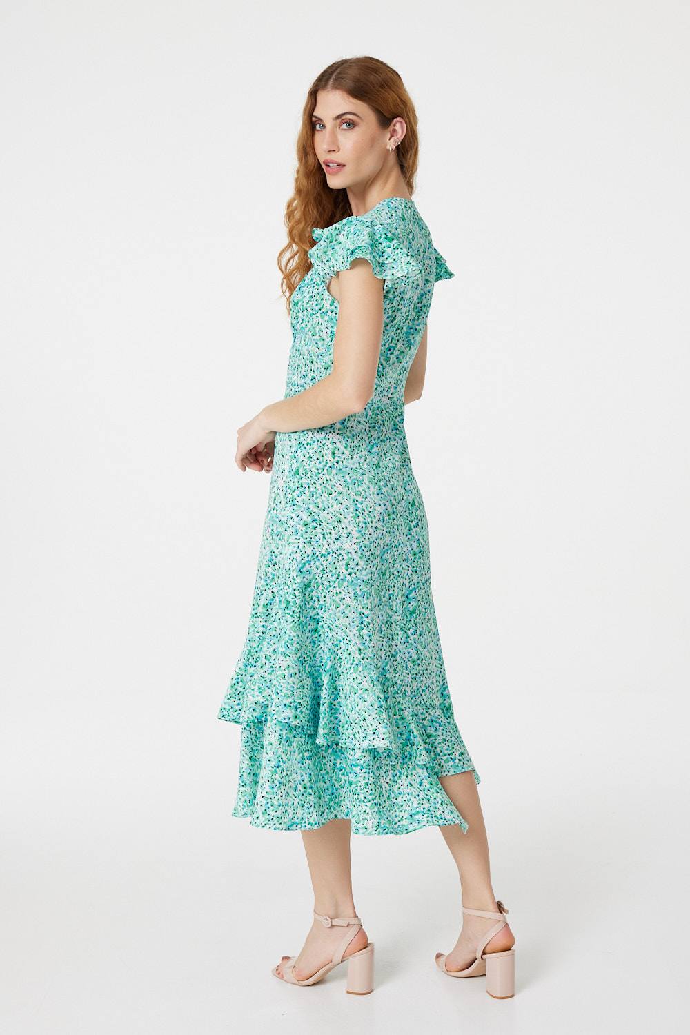 Green | Floral V-Neck Frilled Midi Dress