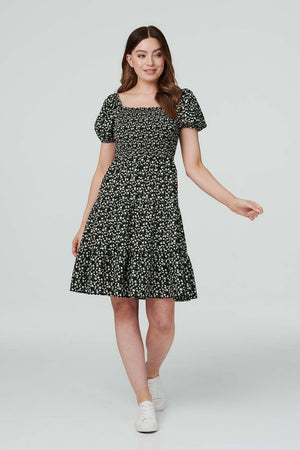 Black | Ditsy Floral Smocked Skater Dress