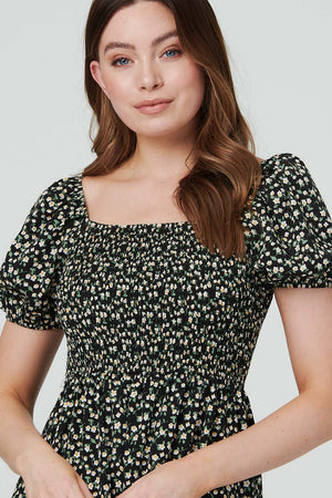 Black | Ditsy Floral Smocked Skater Dress