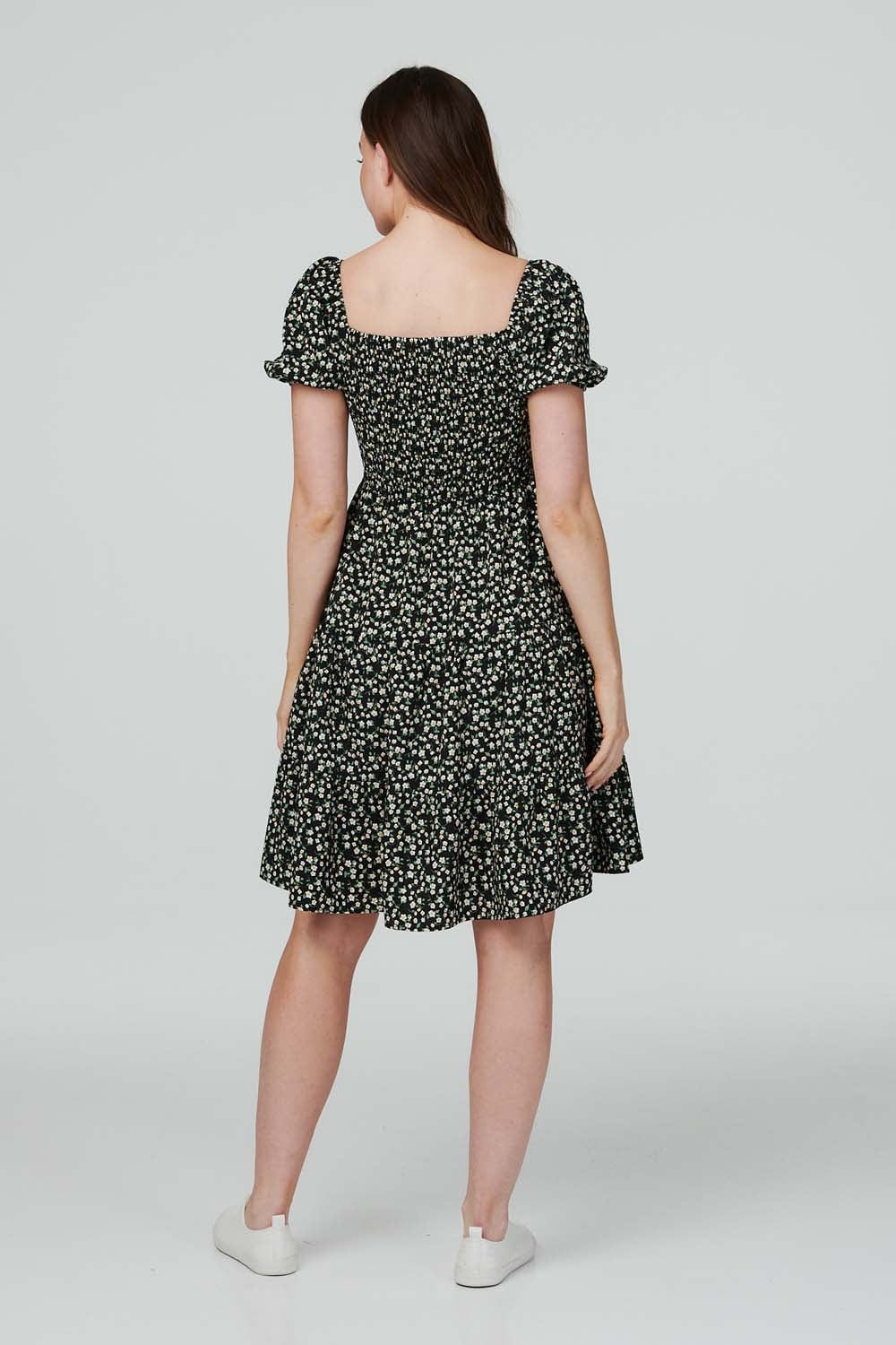 Black | Ditsy Floral Smocked Skater Dress