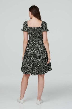 Black | Ditsy Floral Smocked Skater Dress
