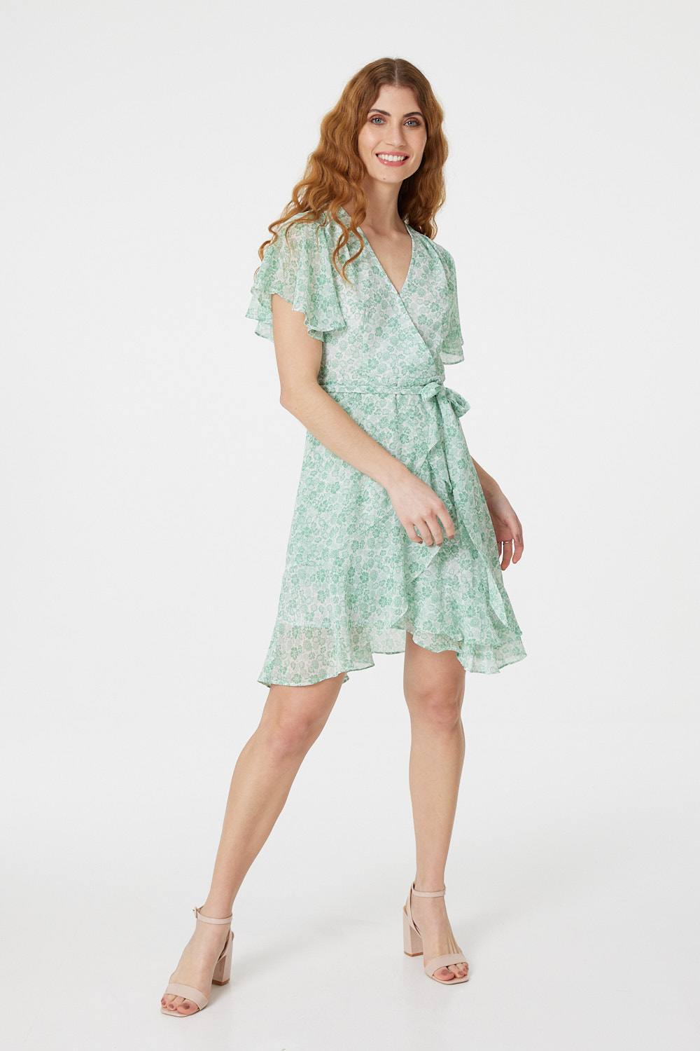 Green | Ditsy Floral Mini Wrap Dress