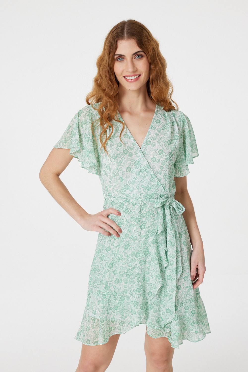Green | Ditsy Floral Mini Wrap Dress