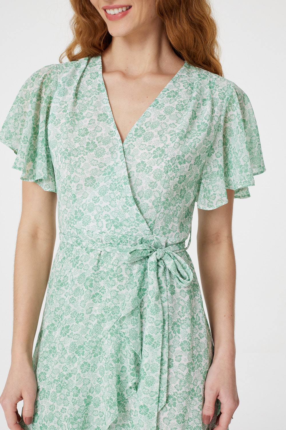 Green | Ditsy Floral Mini Wrap Dress