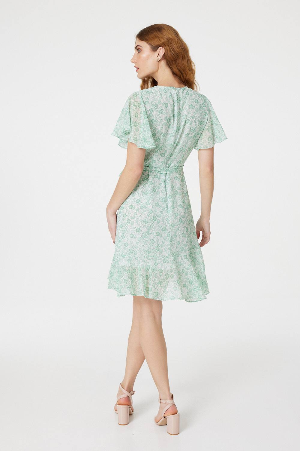 Green | Ditsy Floral Mini Wrap Dress