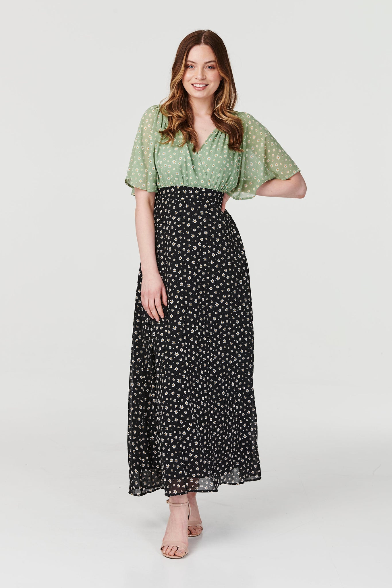 Sage | Daisy Print Flared Sleeve Maxi Dress