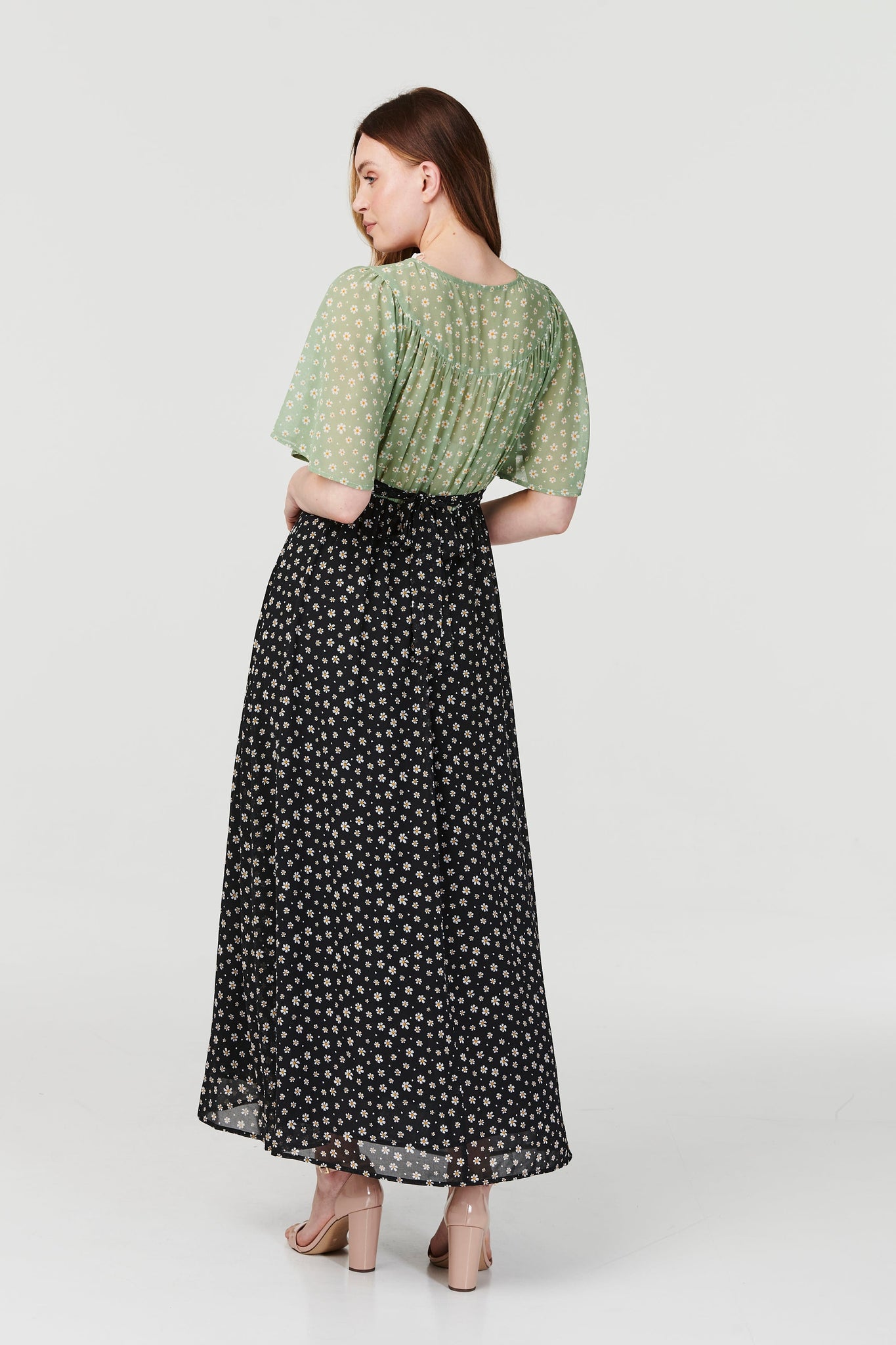 Sage | Daisy Print Flared Sleeve Maxi Dress