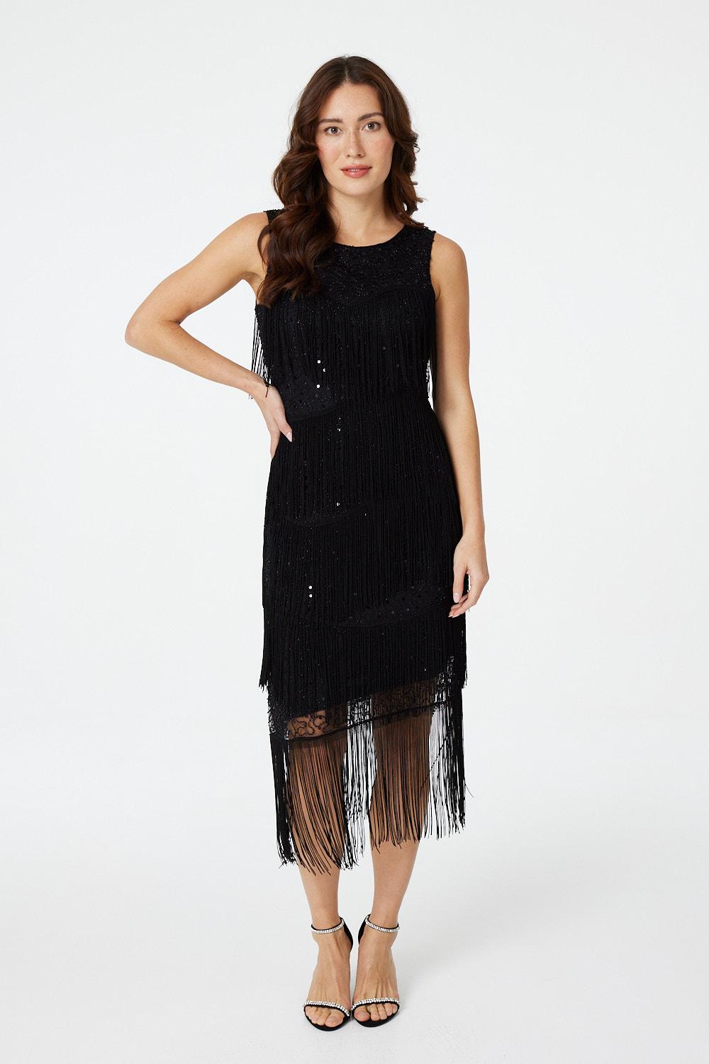Black | Fringed Sleeveless Column Dress : Model is 5'8.5"/174 cm and wears UK8/EU36/US4/AUS8
