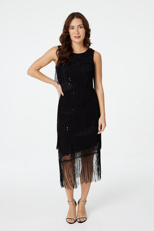 Black | Fringed Sleeveless Column Dress : Model is 5'8.5"/174 cm and wears UK8/EU36/US4/AUS8