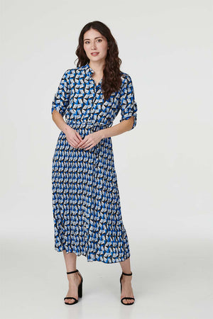 Blue | Geo Print Pleated Midi Shirt Dress