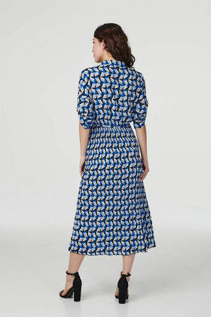 Blue | Geo Print Pleated Midi Shirt Dress