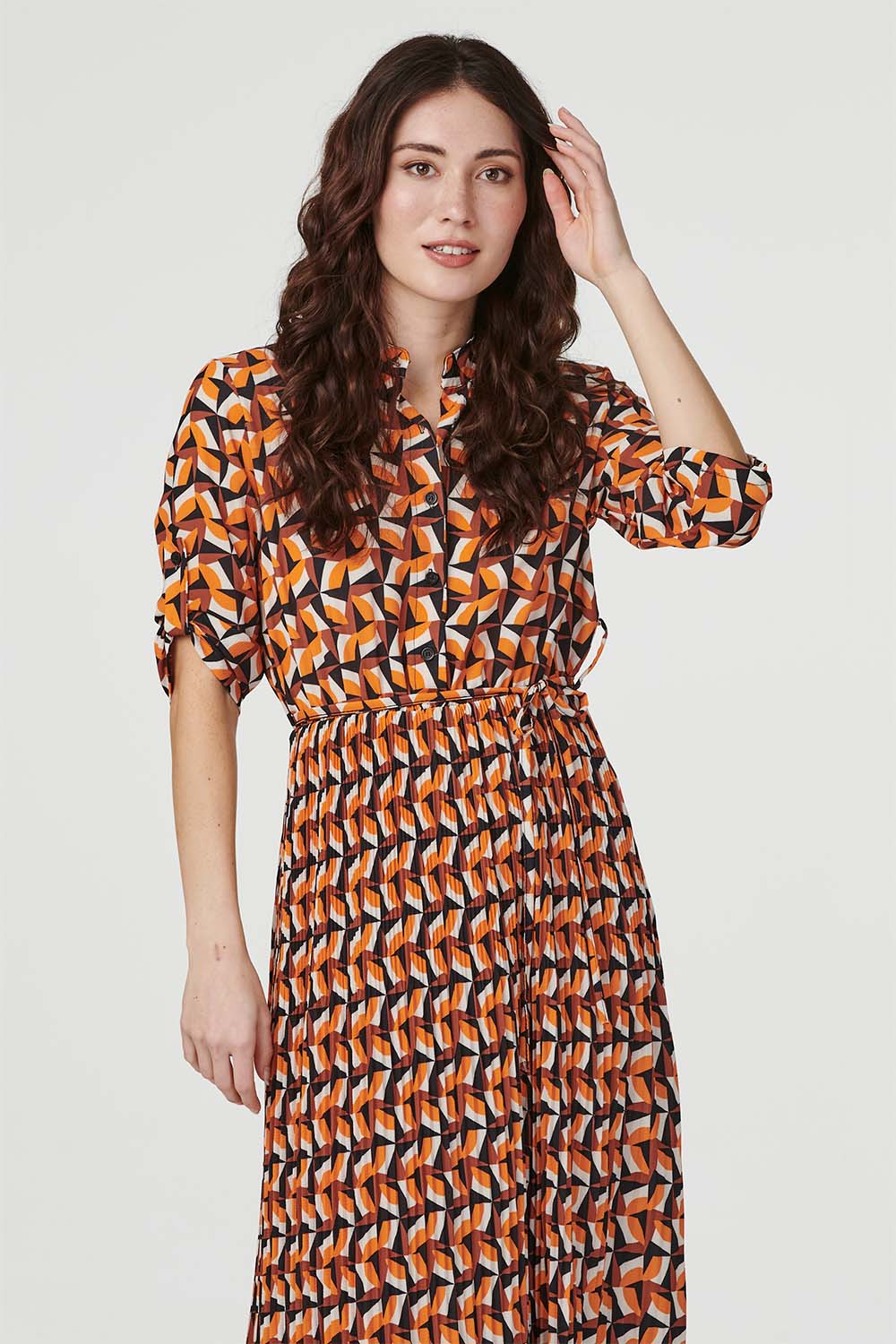 Orange | Geo Print Pleated Midi Shirt Dress