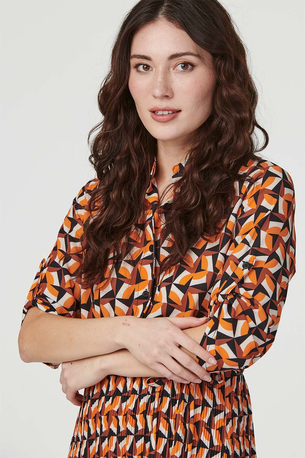 Orange | Geo Print Pleated Midi Shirt Dress