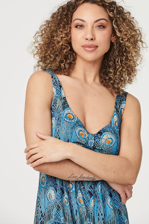Blue | Peacock Print A-Line Maxi Dress