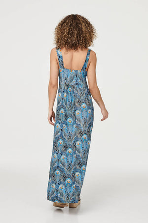 Blue | Peacock Print A-Line Maxi Dress