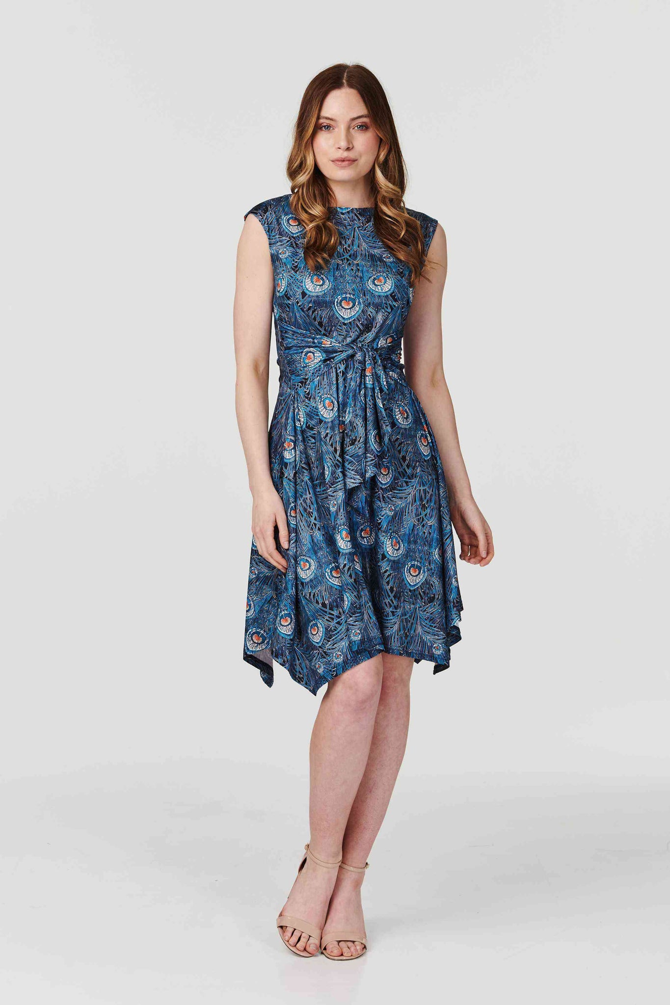 Blue | Peacock Print Knot Front Skater Dress