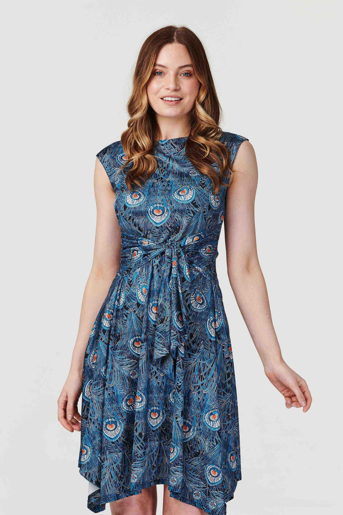 Blue | Peacock Print Knot Front Skater Dress