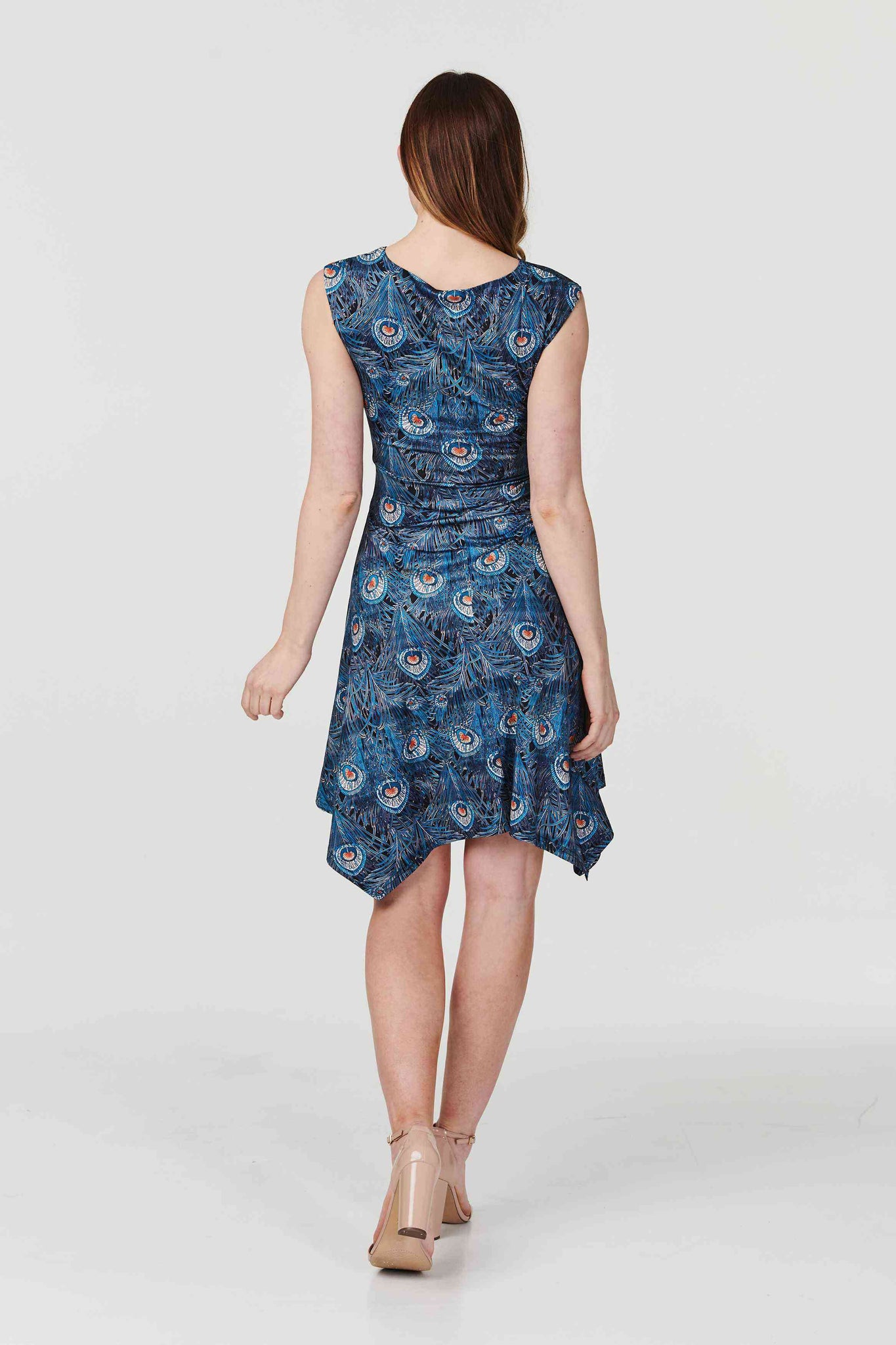 Blue | Peacock Print Knot Front Skater Dress