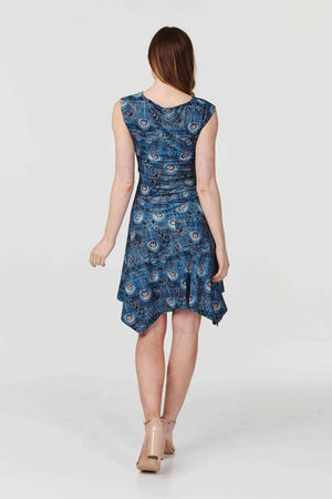 Blue | Peacock Print Knot Front Skater Dress