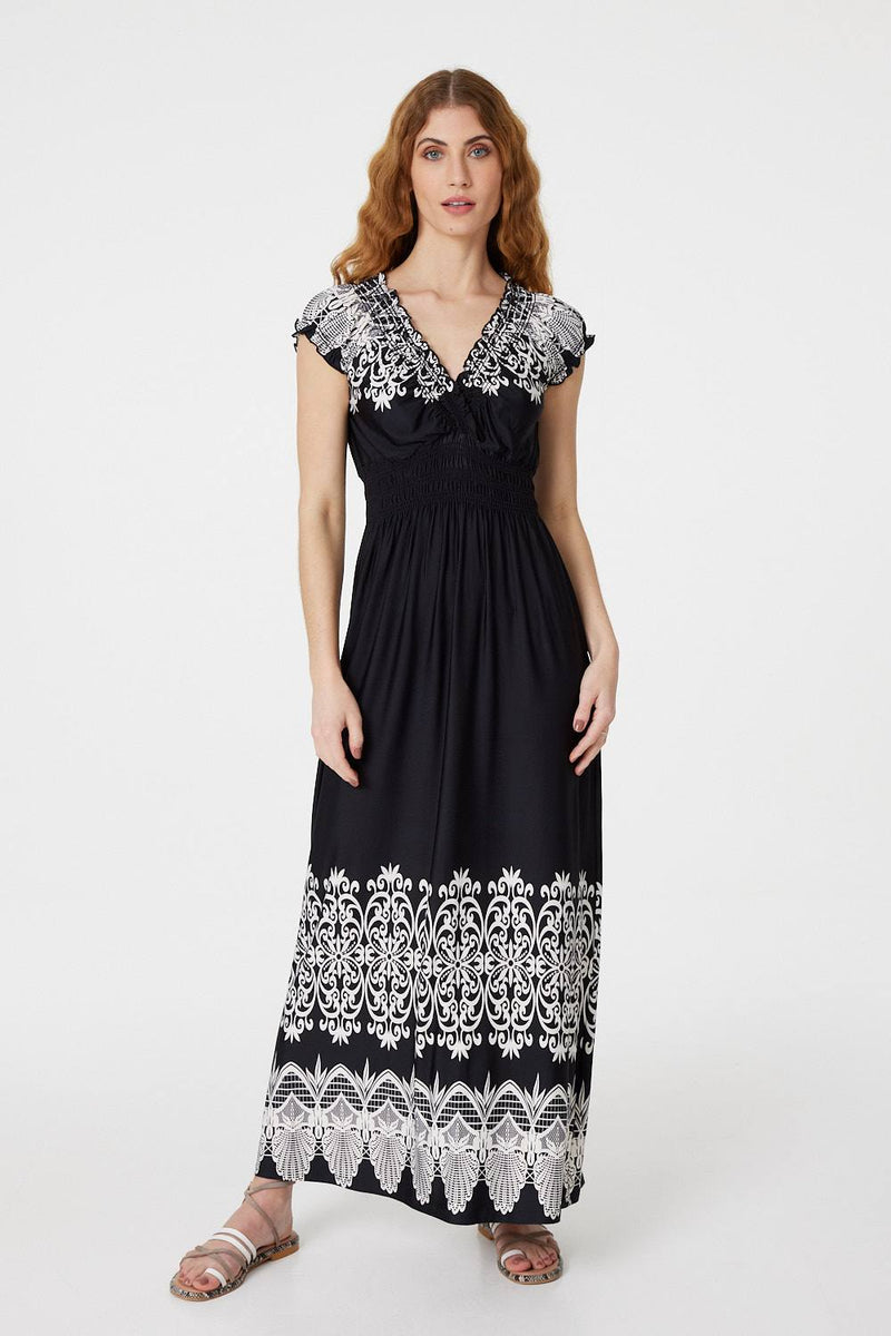 Black | Lace Print Cap Sleeve Maxi Dress