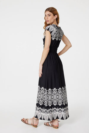 Black | Lace Print Cap Sleeve Maxi Dress