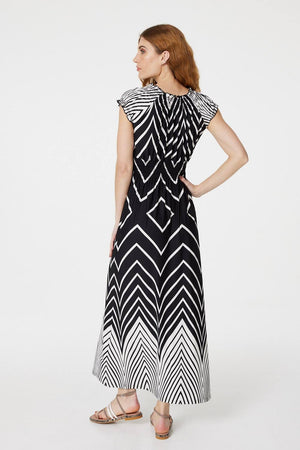 Navy | Geo Print Cap Sleeve Maxi Dress