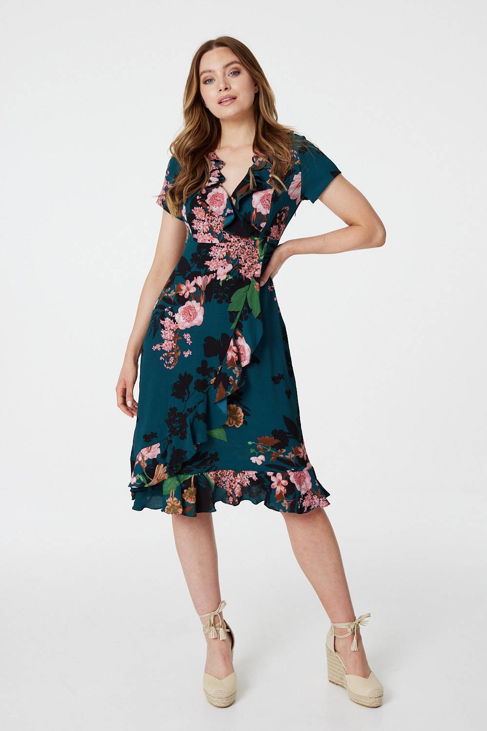 Green | Floral Long Sleeve Wrap Dress