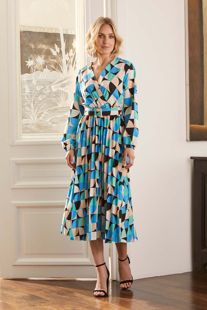 Blue | Geo Print Wrap Front Midi Dress