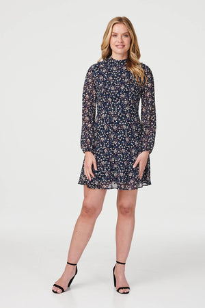 Navy | Floral Long Sleeve Skater Dress