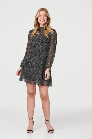 Black | Ditsy Print Long Sleeve Skater Dress