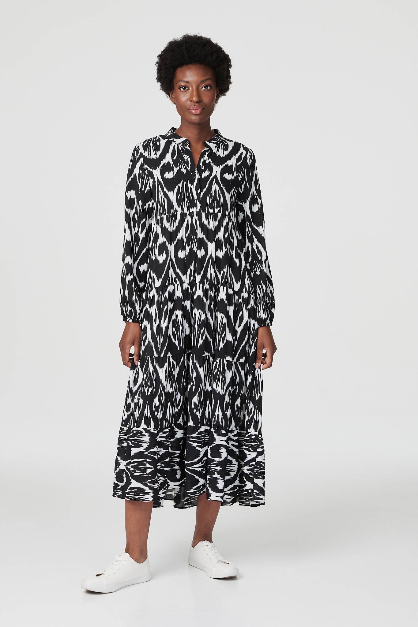 Black And White | Ikat Print Long Sleeve Smock Dress