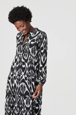 Black And White | Ikat Print Long Sleeve Smock Dress