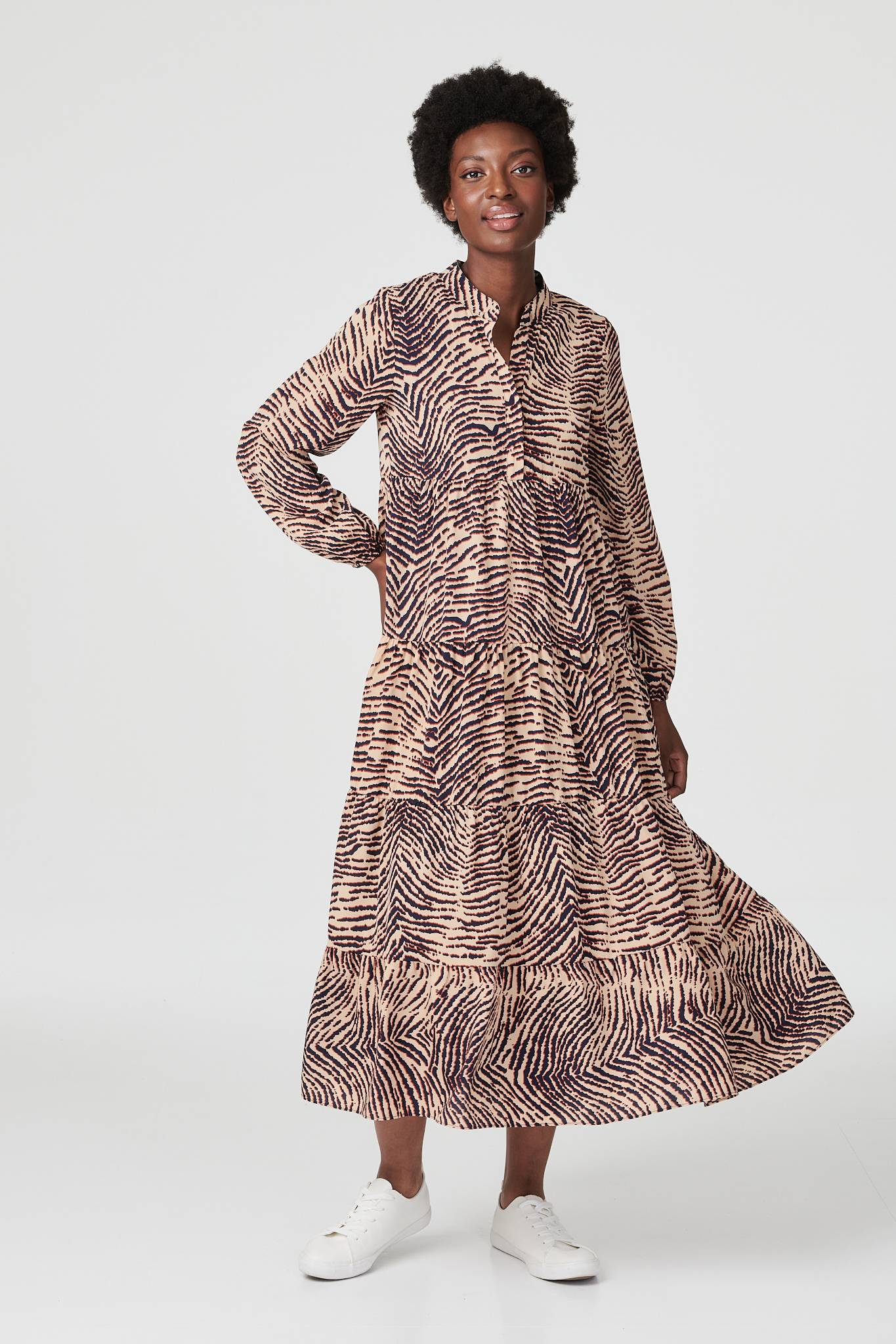 Beige | Striped Long Sleeve Smock Dress
