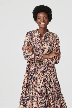 Beige | Striped Long Sleeve Smock Dress