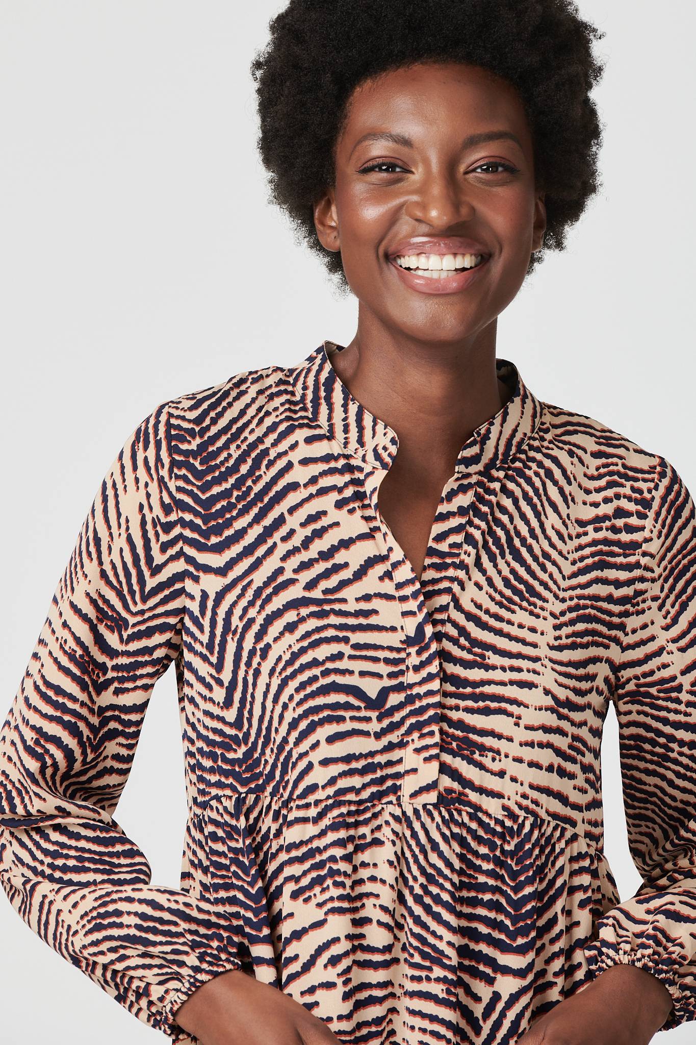 Beige | Striped Long Sleeve Smock Dress