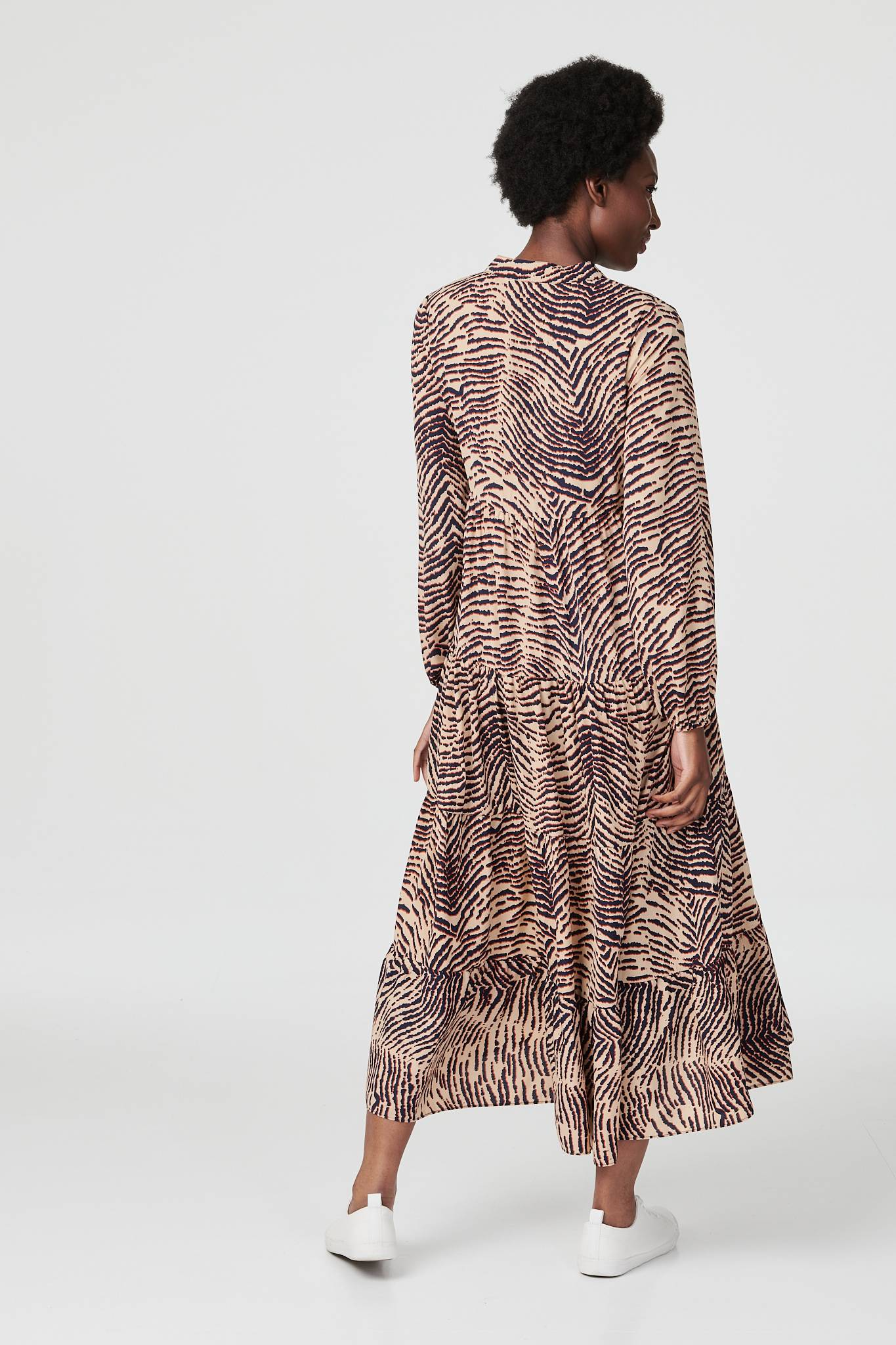 Beige | Striped Long Sleeve Smock Dress