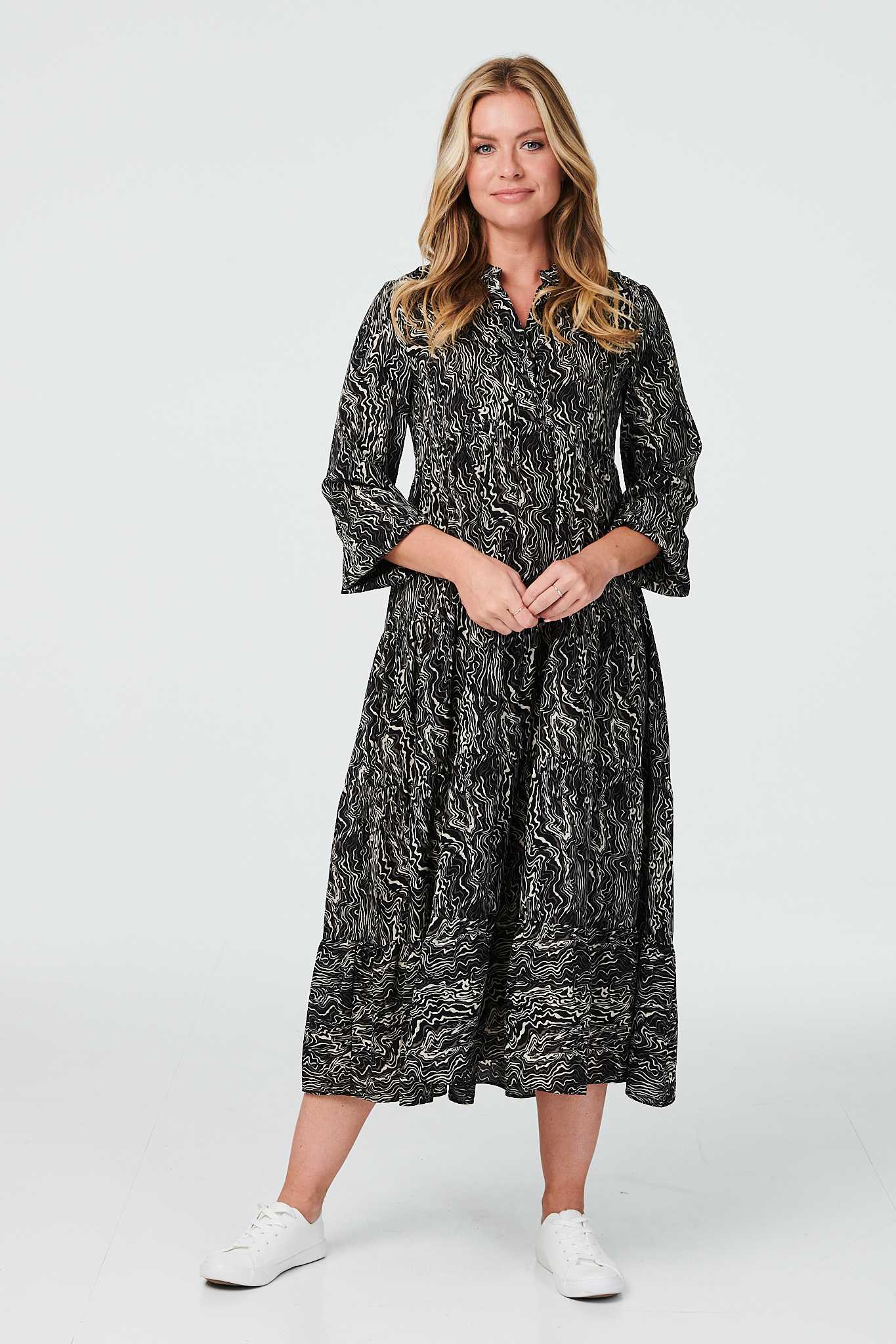 Black | Marble Print Tiered Smock Dress