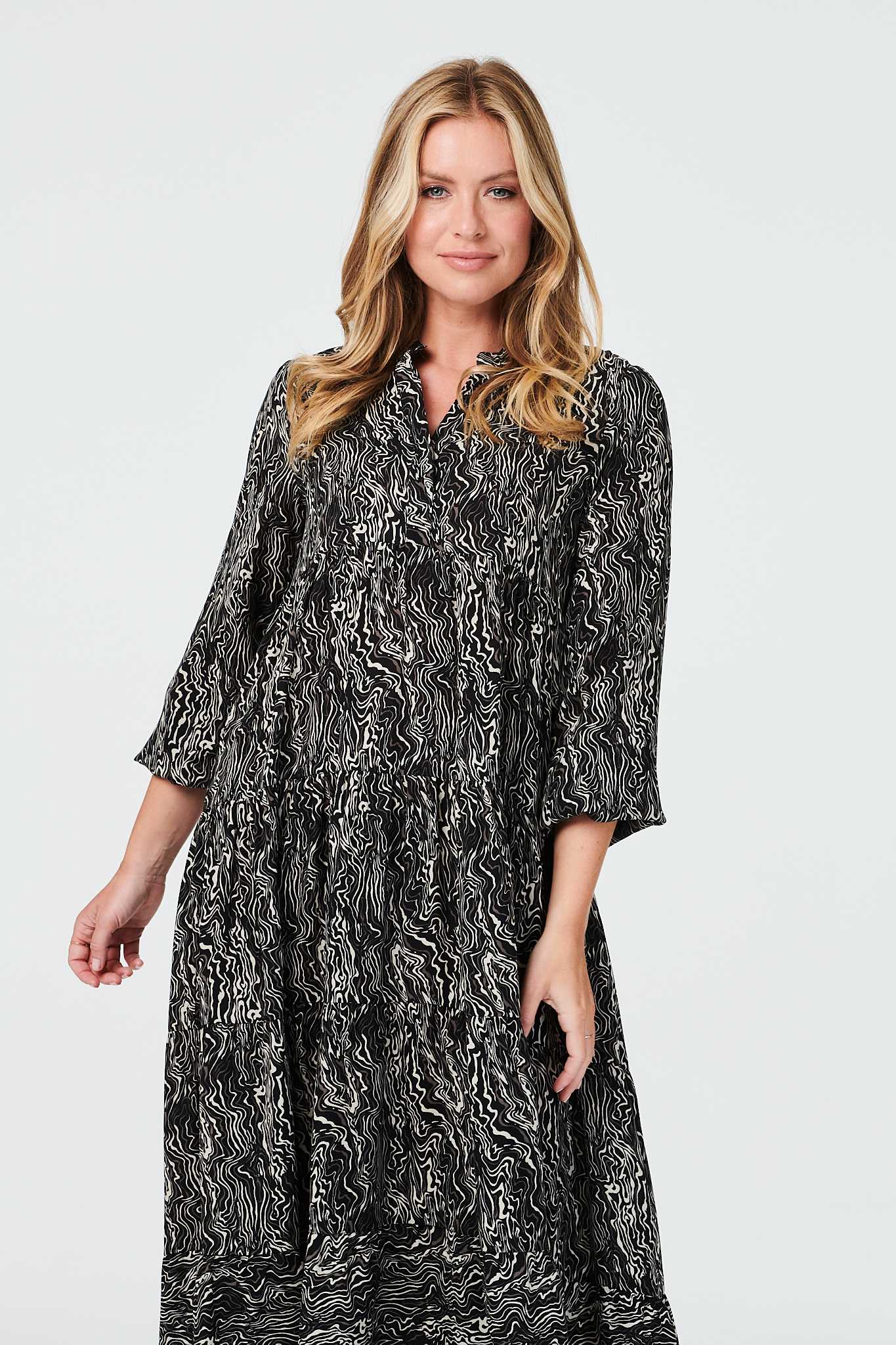 Black | Marble Print Tiered Smock Dress