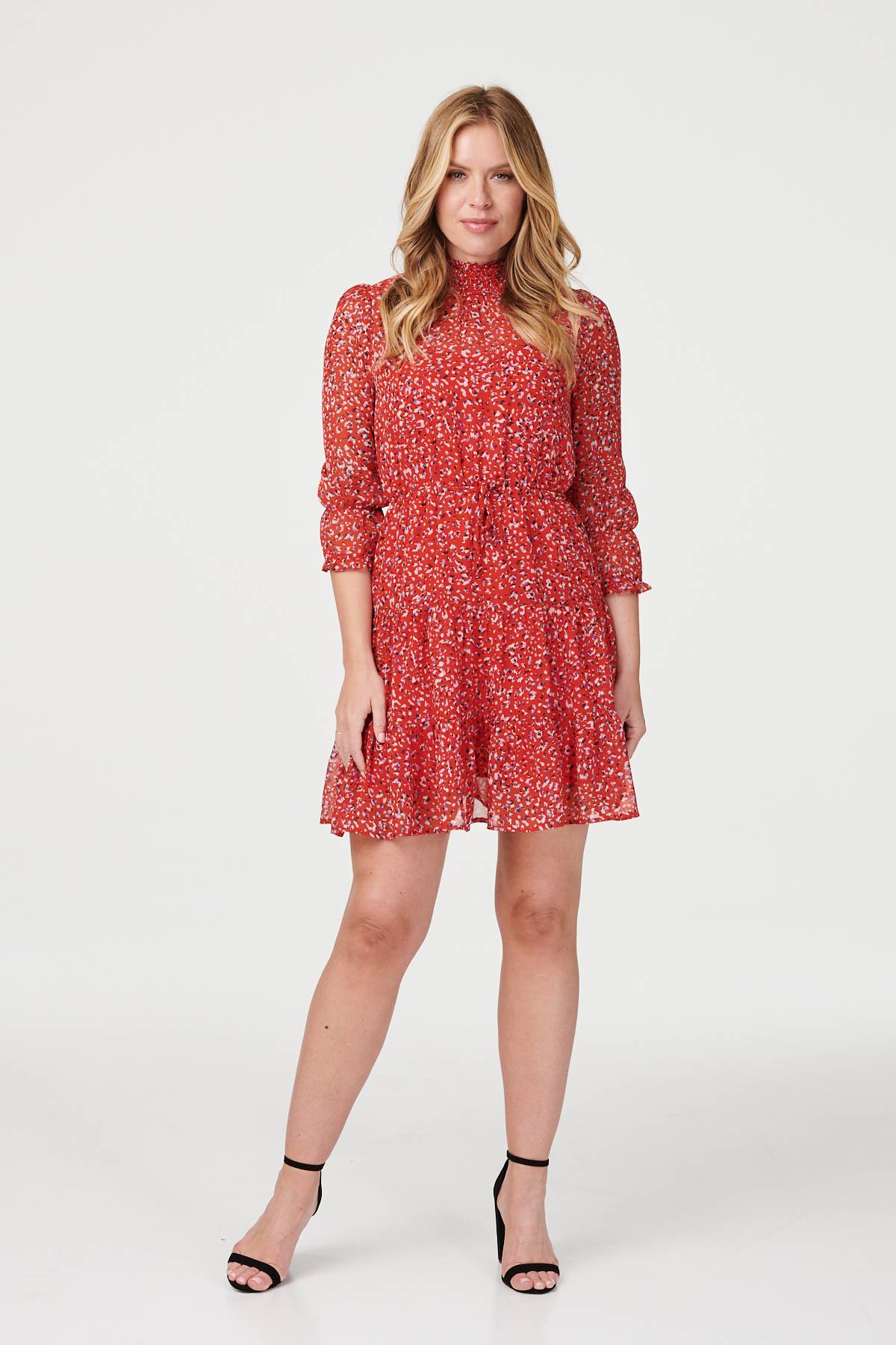 Red | Ditsy Print 3/4 Sleeve Skater Dress