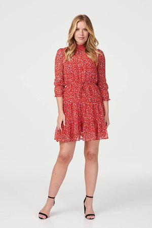 Red | Ditsy Print 3/4 Sleeve Skater Dress