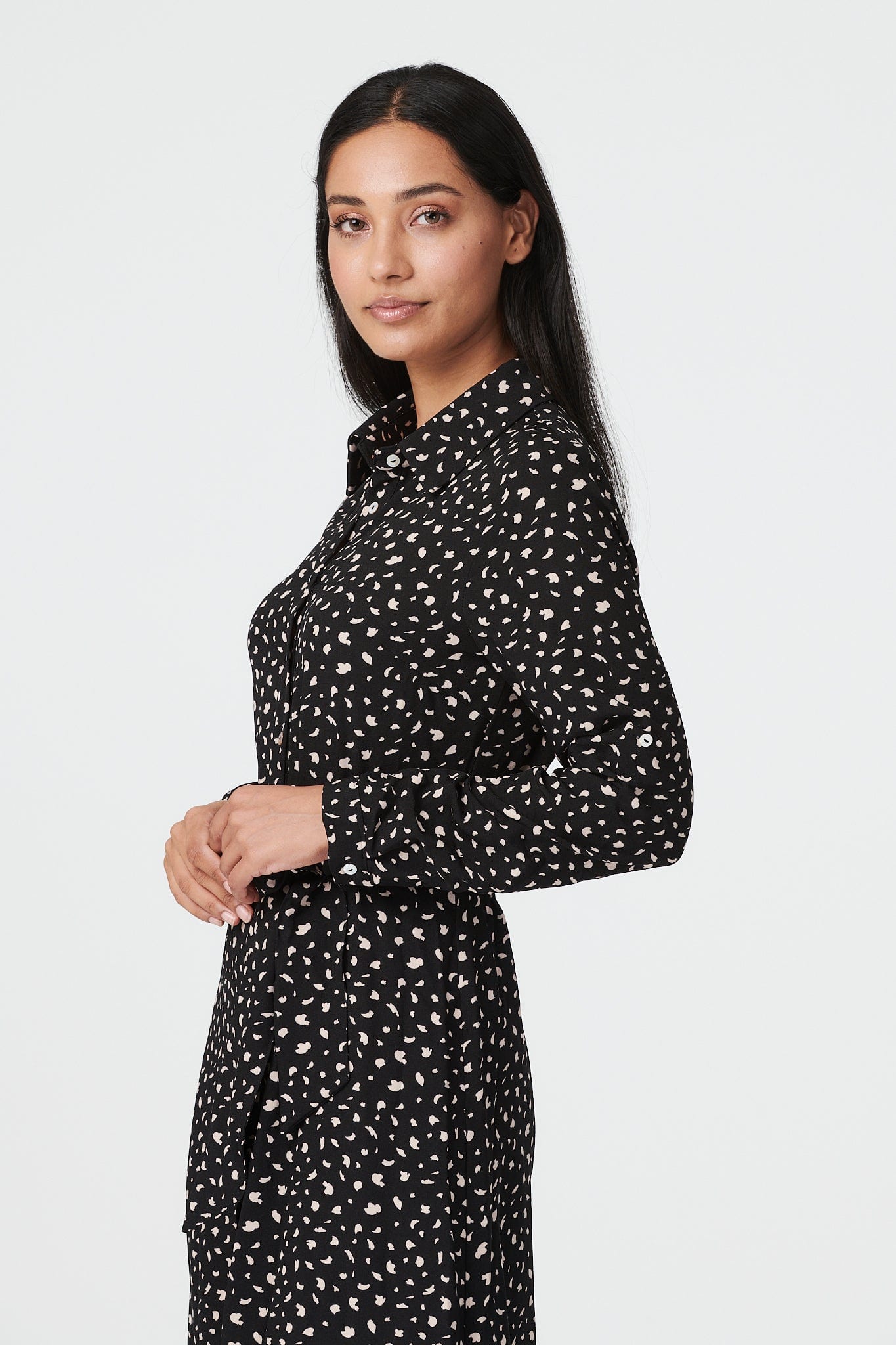 Black | Ditsy Print Tie Waist Midi Shirt Dress