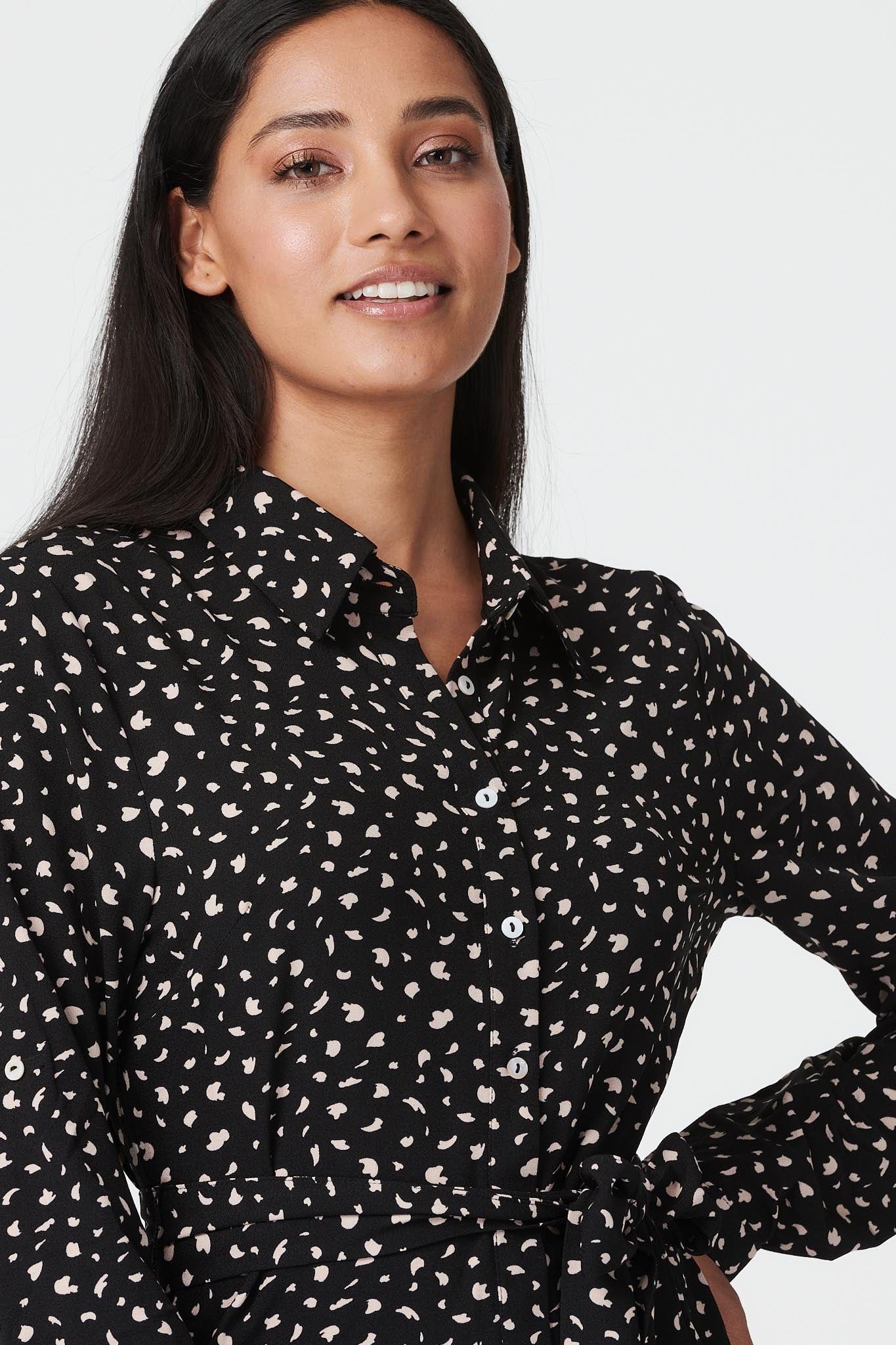 Black | Ditsy Print Tie Waist Midi Shirt Dress