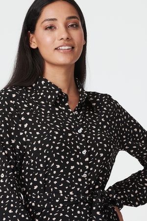 Black | Ditsy Print Tie Waist Midi Shirt Dress
