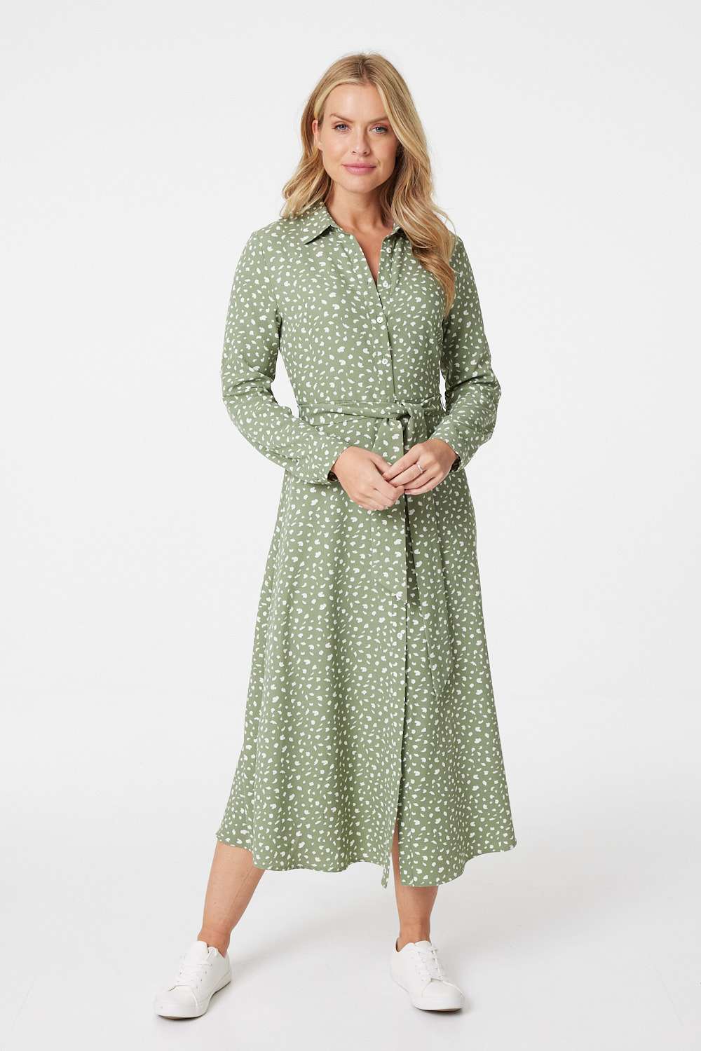 Sage | Ditsy Print Tie Waist Midi Shirt Dress