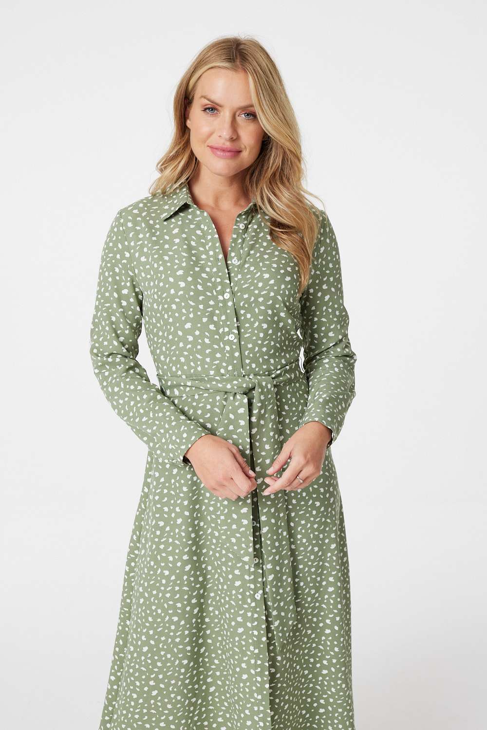 Sage | Ditsy Print Tie Waist Midi Shirt Dress