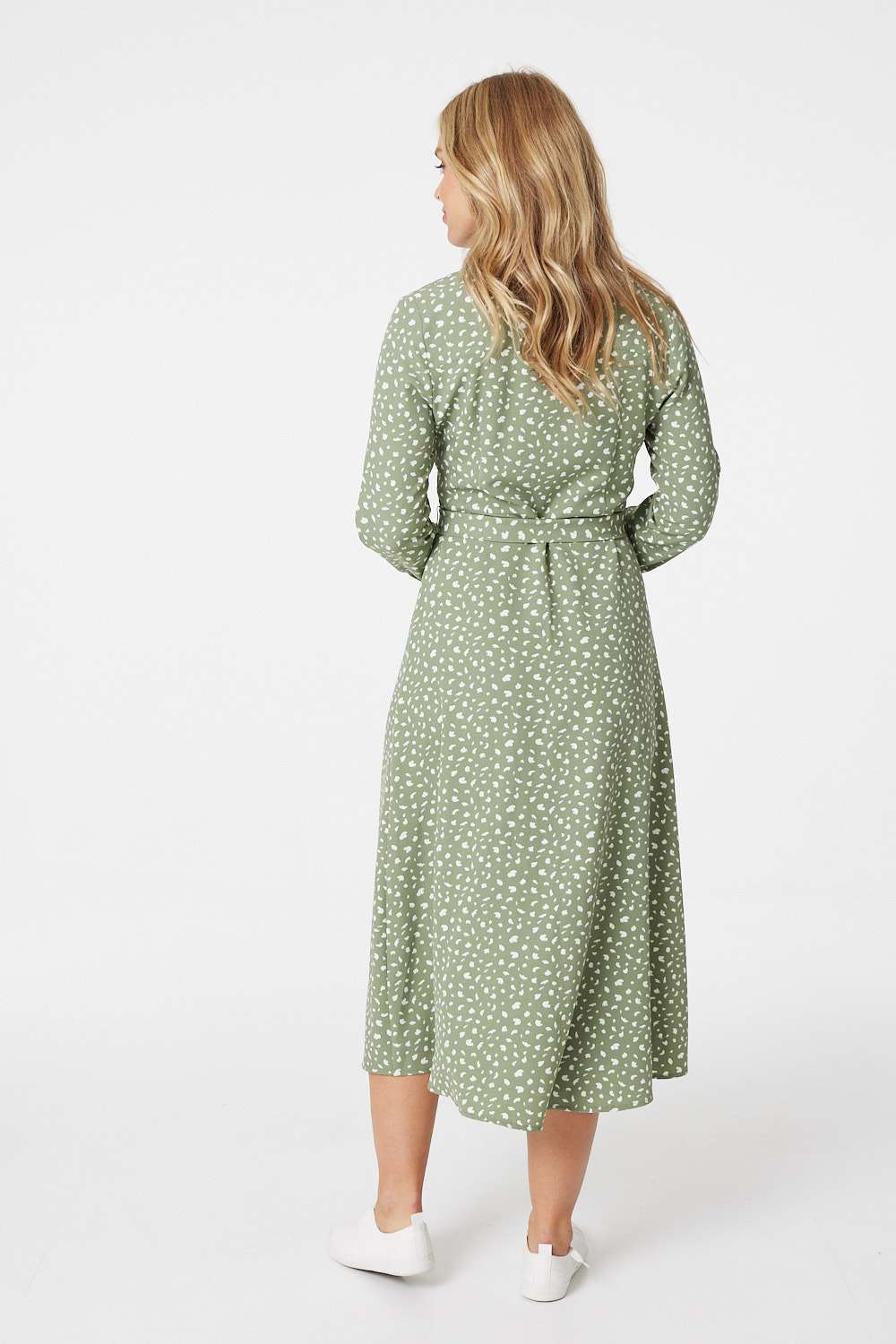 Sage | Ditsy Print Tie Waist Midi Shirt Dress