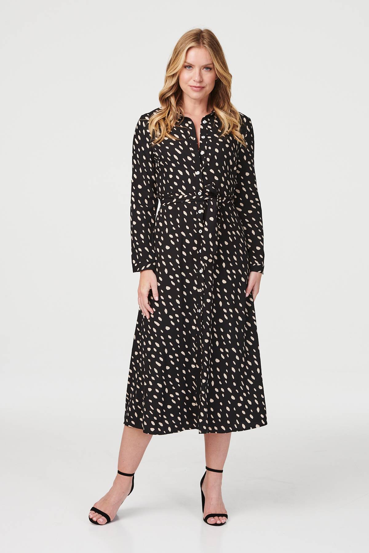 Black | Polka Dot Long Sleeve Shirt Dress