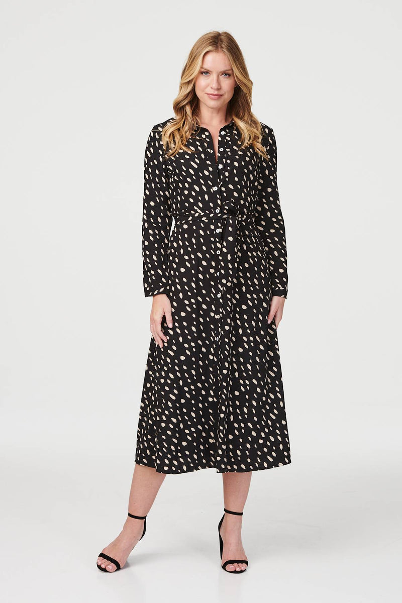 Black | Polka Dot Long Sleeve Shirt Dress